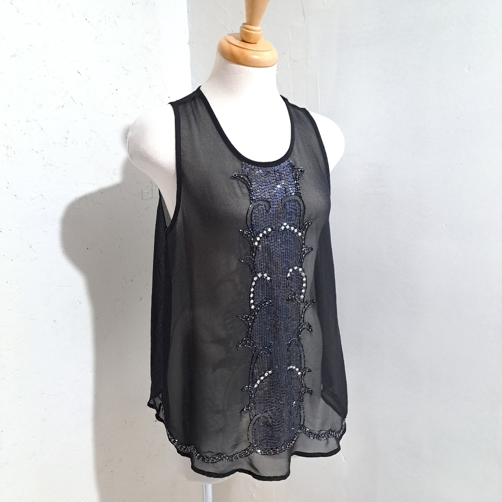 Temperance | Black sheer beaded sleevless shirt